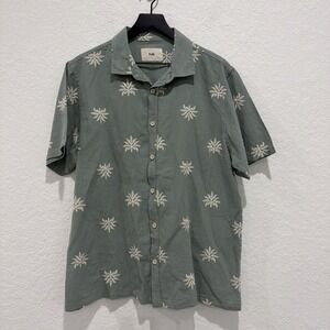 Folk Cotton Linen Blend Button Up Shirt Embroidered Mens Size Large Sage Green